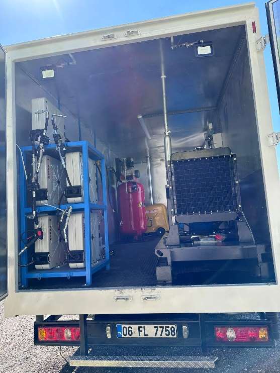 Interior of truck-mounted service unit with generator and equipment racks