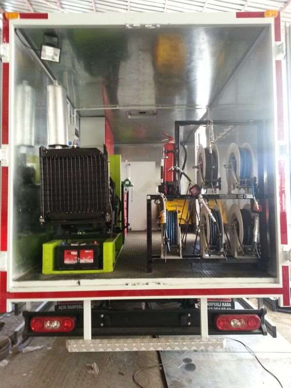 Rear view of mobile service truck with welding and hydraulic equipment